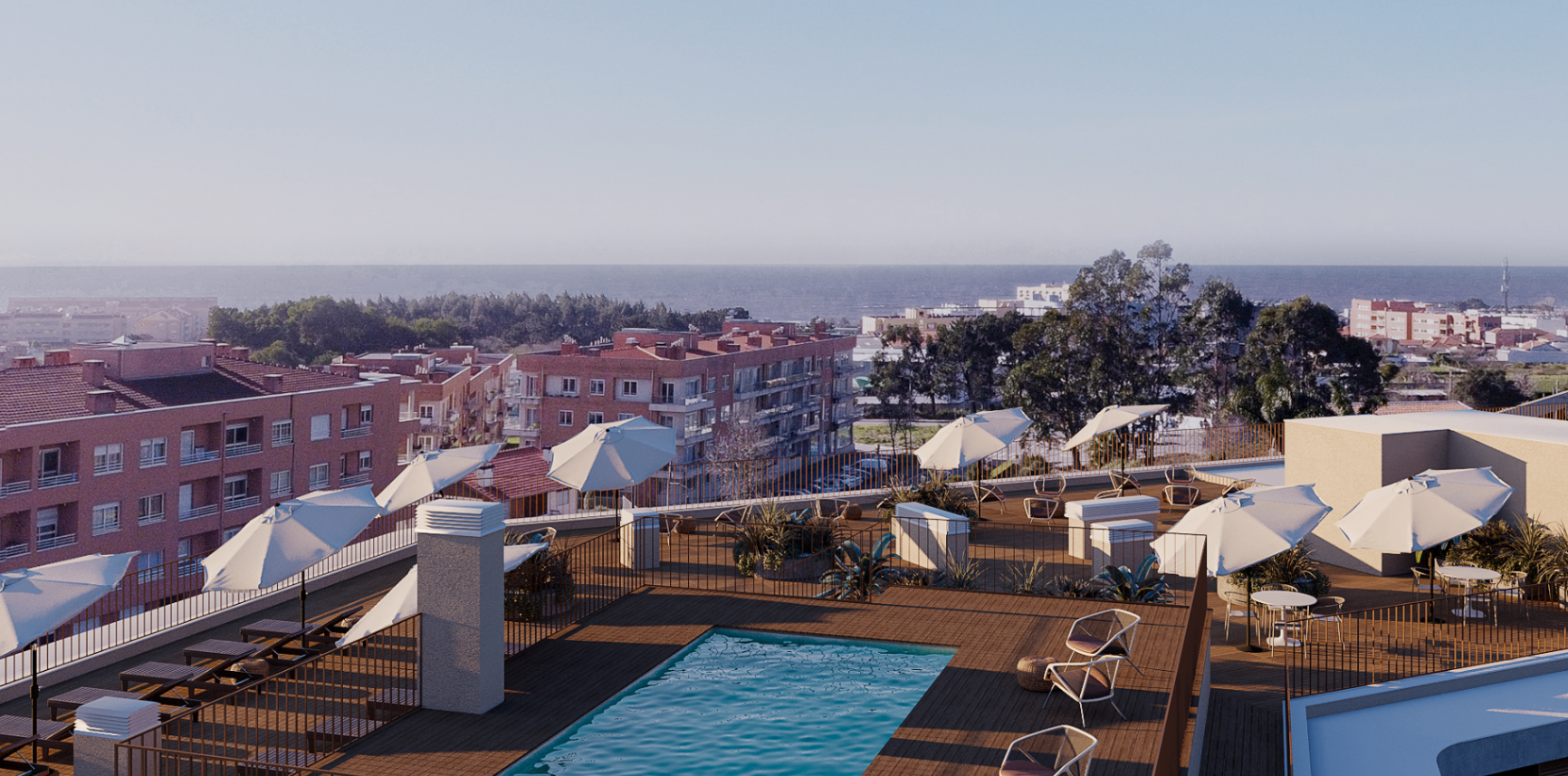 Rooftop com piscina e vista mar